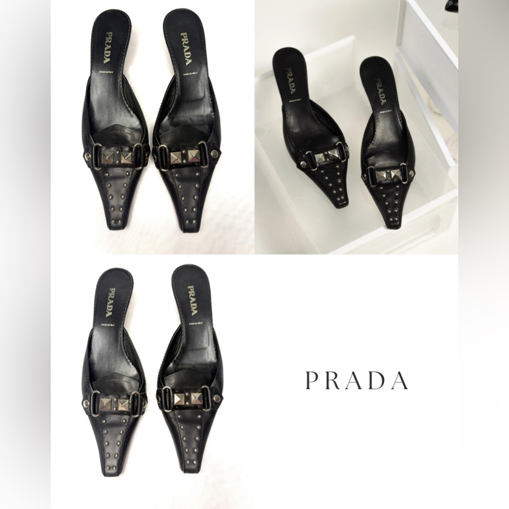 Prada | Archival Black Leather Kitten Heels with Studs